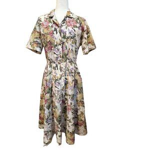 Vintage Impromptu Dress 3/4 Button Short Sleeve Beige Floral w/ Pockets Size 8